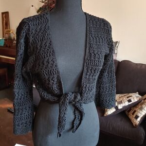 Black Crochet Cropped Sweater 3/4 Sleeve Size L